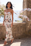 Sweetheart Ivory Sheath Ruched Maxi Floral Dress with a Neck Scarf