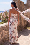 Sweetheart Ivory Sheath Ruched Maxi Floral Dress with a Neck Scarf