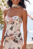 Sweetheart Ivory Sheath Ruched Maxi Floral Dress with a Neck Scarf