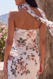Sweetheart Ivory Sheath Ruched Maxi Floral Dress with a Neck Scarf