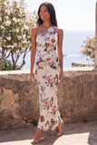 One Shoulder Ivory Mermaid Ruched Open Back Maxi Floral Dress