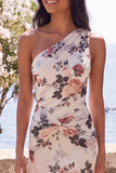 One Shoulder Ivory Mermaid Ruched Open Back Maxi Floral Dress