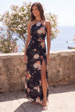 Black Halter Sheath Chiffon Maxi Floral Dress with Slit