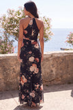 Black Halter Sheath Chiffon Maxi Floral Dress with Slit