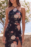 Black Halter Sheath Chiffon Maxi Floral Dress with Slit