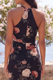 Black Halter Sheath Chiffon Maxi Floral Dress with Slit
