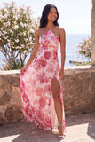 Pink A-Line Chiffon Halter Maxi Floral Dress with Slit