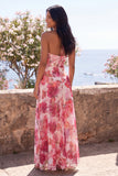 Pink A-Line Chiffon Halter Maxi Floral Dress with Slit