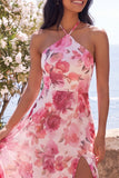 Pink A-Line Chiffon Halter Maxi Floral Dress with Slit