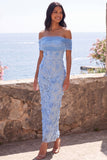Off the Shoulder Blue Sheath Maxi Floral Dress with 3D Flowers