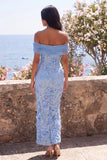 Off the Shoulder Blue Sheath Maxi Floral Dress with 3D Flowers