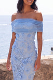 Off the Shoulder Blue Sheath Maxi Floral Dress with 3D Flowers
