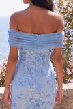 Off the Shoulder Blue Sheath Maxi Floral Dress with 3D Flowers