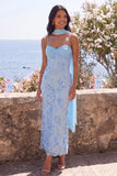 Blue Sheath Spaghetti Straps 3D Flowers Maxi Floral Dress with Neck Scarf