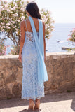 Blue Sheath Spaghetti Straps 3D Flowers Maxi Floral Dress with Neck Scarf