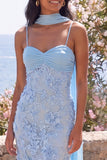 Blue Sheath Spaghetti Straps 3D Flowers Maxi Floral Dress with Neck Scarf