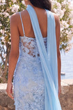 Blue Sheath Spaghetti Straps 3D Flowers Maxi Floral Dress with Neck Scarf