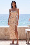 Sparkly Champagne Sheath Bowed Straps Sequin Maxi Floral Dress with Slit