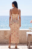 Sparkly Champagne Sheath Bowed Straps Sequin Maxi Floral Dress with Slit