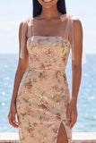 Sparkly Champagne Sheath Bowed Straps Sequin Maxi Floral Dress with Slit