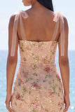 Sparkly Champagne Sheath Bowed Straps Sequin Maxi Floral Dress with Slit