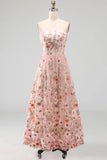Pink Strapless A-Line Embroidered Midi Floral Dress