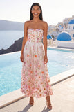 Pink Strapless A-Line Embroidered Midi Floral Dress