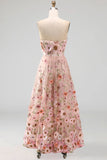 Pink Strapless A-Line Embroidered Midi Floral Dress