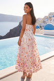 Pink Strapless A-Line Embroidered Midi Floral Dress