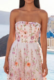 Pink Strapless A-Line Embroidered Midi Floral Dress