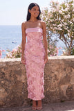 Pink Strapless Sheath Sequins Maxi Floral Dress with Slit