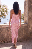 Pink Strapless Sheath Sequins Maxi Floral Dress with Slit