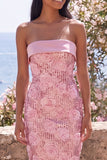 Pink Strapless Sheath Sequins Maxi Floral Dress with Slit