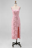 Pink Sheath 3D Flowers Sequins Midi Floral Dress with Slit