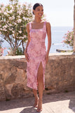 Pink Sheath 3D Flowers Sequins Midi Floral Dress with Slit