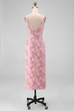 Pink Sheath 3D Flowers Sequins Midi Floral Dress with Slit