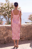 Pink Sheath 3D Flowers Sequins Midi Floral Dress with Slit