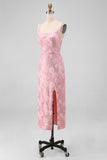 Pink Sheath 3D Flowers Sequins Midi Floral Dress with Slit