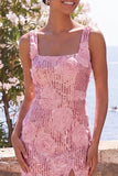 Pink Sheath 3D Flowers Sequins Midi Floral Dress with Slit
