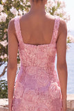 Pink Sheath 3D Flowers Sequins Midi Floral Dress with Slit