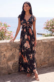 Black A-Line Chiffon V-Neck Maxi Floral Dress with Cap Sleeves