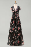 Black A-Line Chiffon V-Neck Maxi Floral Dress with Cap Sleeves