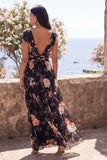 Black A-Line Chiffon V-Neck Maxi Floral Dress with Cap Sleeves
