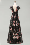 Black A-Line Chiffon V-Neck Maxi Floral Dress with Cap Sleeves
