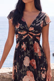 Black A-Line Chiffon V-Neck Maxi Floral Dress with Cap Sleeves