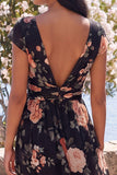 Black A-Line Chiffon V-Neck Maxi Floral Dress with Cap Sleeves