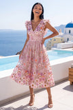 Pink A-Line V-Neck Embroidered Midi Floral Dress with Ruffles