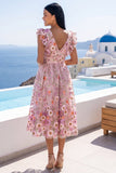 Pink A-Line V-Neck Embroidered Midi Floral Dress with Ruffles