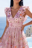 Pink A-Line V-Neck Embroidered Midi Floral Dress with Ruffles