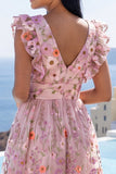 Pink A-Line V-Neck Embroidered Midi Floral Dress with Ruffles